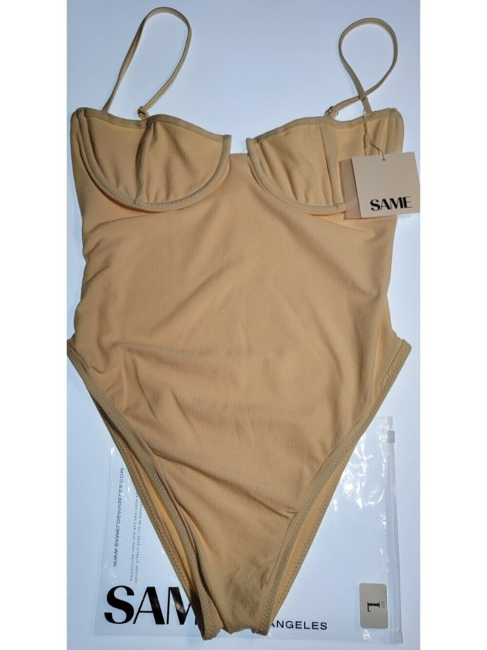 SAME Los Angeles One Piece Swimsuit L Beige Faux Suede Underwire Built-In Bra Hi